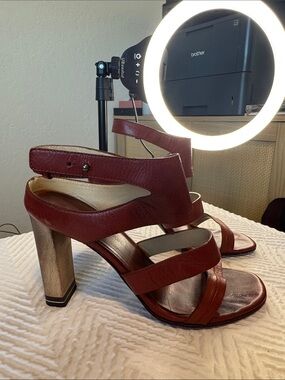 CNC Costume National Burgundy Strappy Block Heel Sandal with Metallic Heel